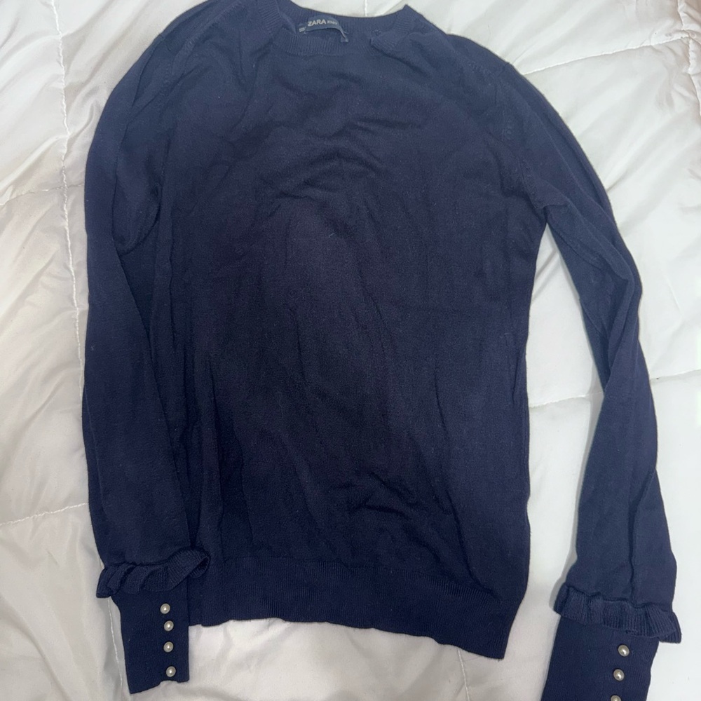 Zara Navy Crewneck Sweater with Buttoned Ruffle Cuffs